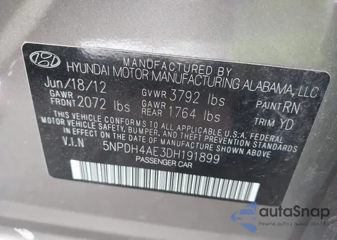 2013 Hyundai Elantra Gls из США, поврежденный, VIN 5NPDH4AE3DH191899